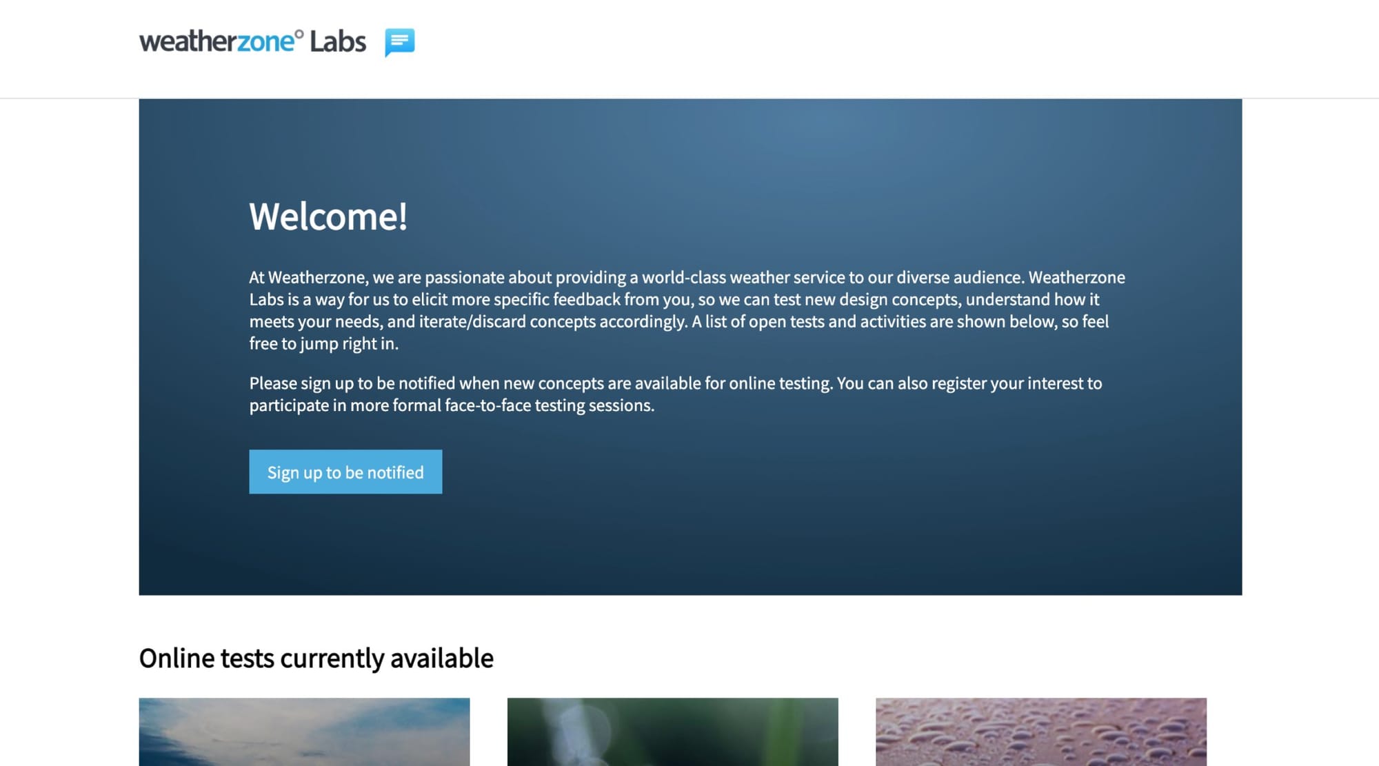 Weatherzone Labs website for user testing